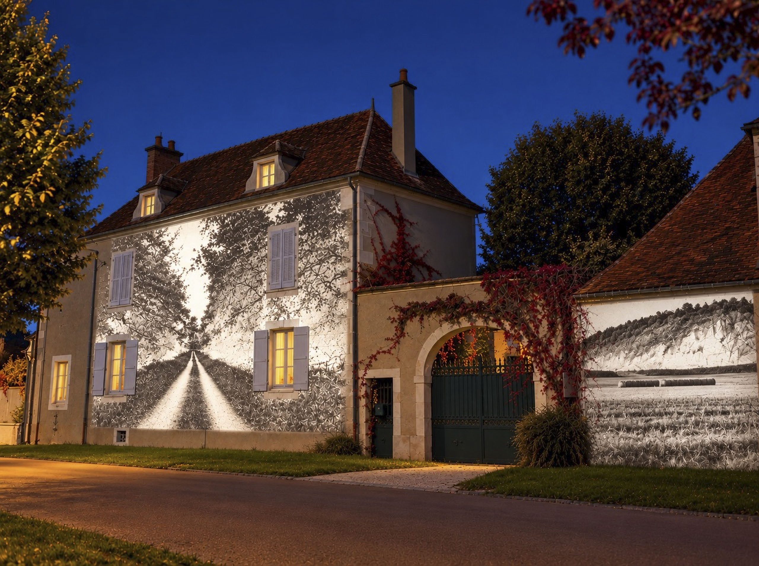 Façade d’une maison de Lignières éclairée de nuit par une projection photographique