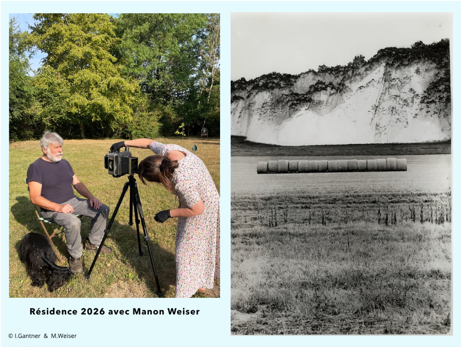 Résidence 2026 avec Manon Weiser : une photographe règle son appareil à la chambre devant un homme assis dans le jardin, et un tirage noir et blanc d’un champ et de bottes de paille